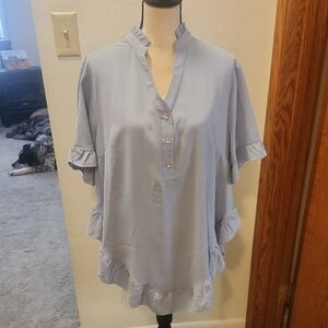 SHEIN Light Blue Button-Up Ruffle Blouse